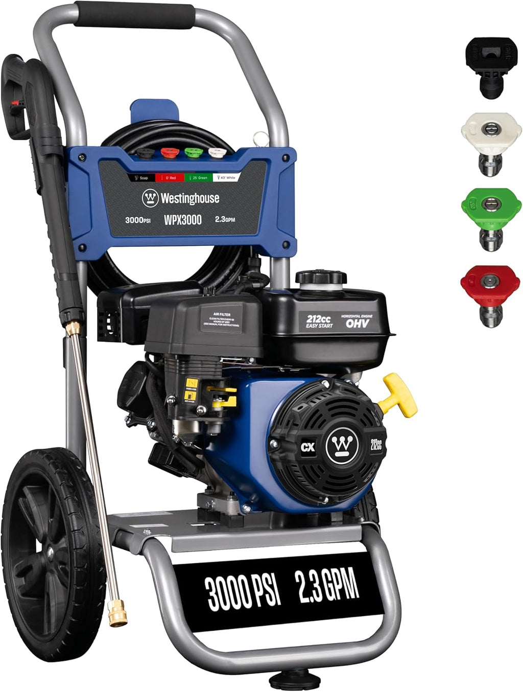 Westinghouse WPX3000 Gas Pressure Washer, 3000 PSI and 2.3 GPM, Spray Gun and Wand, 4 Nozzle Set, for Cars/Fences/Driveways/Homes/Patios/Furniture