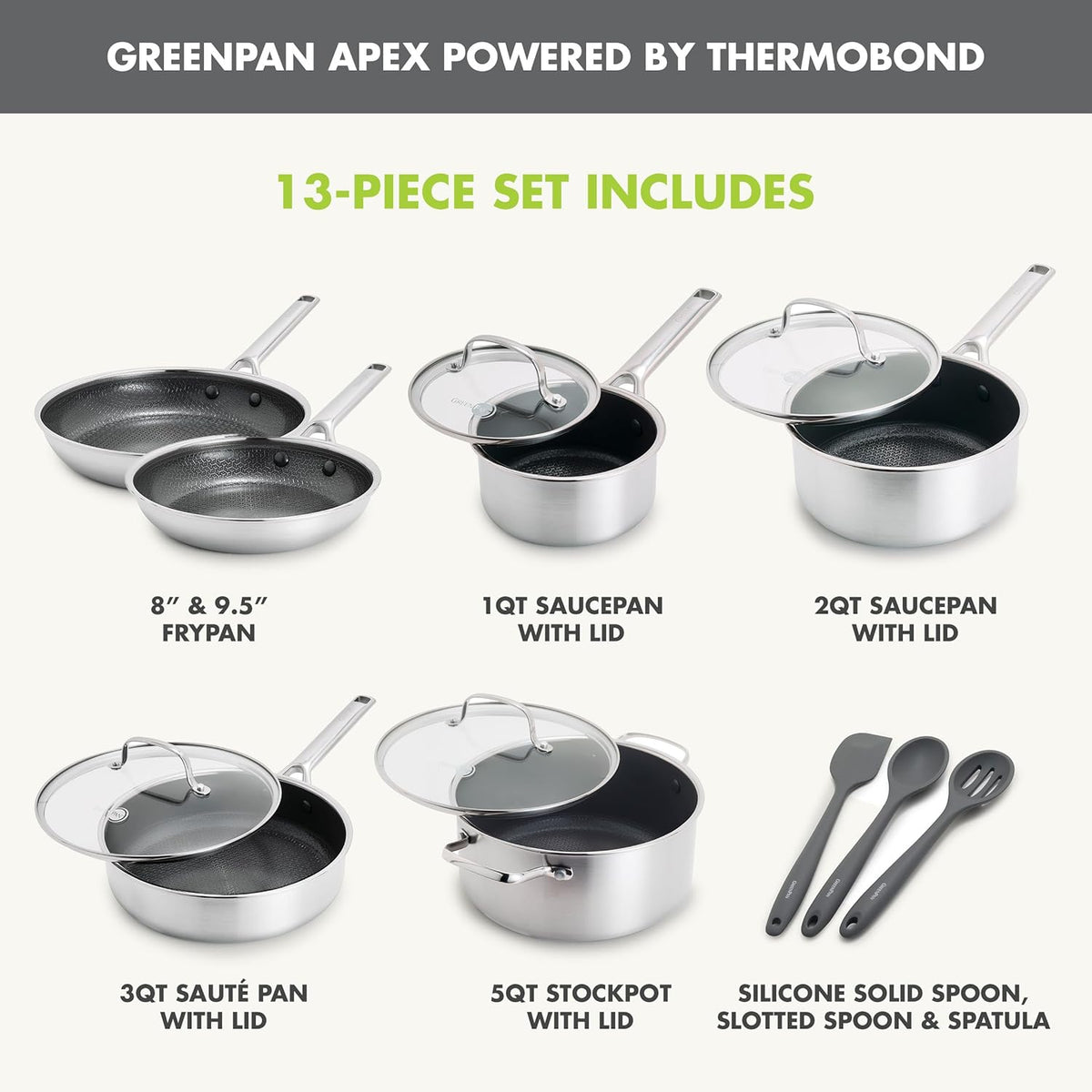 GreenPan Hybrid 13 Piece Nonstick Stainless Steel Cookware Set, APEX Tri-Ply Thermobond PFAS-Free Ceramic Pots & Pans, Induction & All Cooktop
