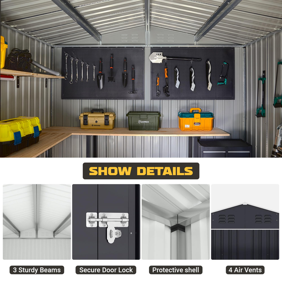 Polar Aurora 12x14 FT Outdoor Storage Shed, Garden Shed with Updated Frame Structure and Lockable Doors, Metal Tool Sheds for Backyard Garden Patio
