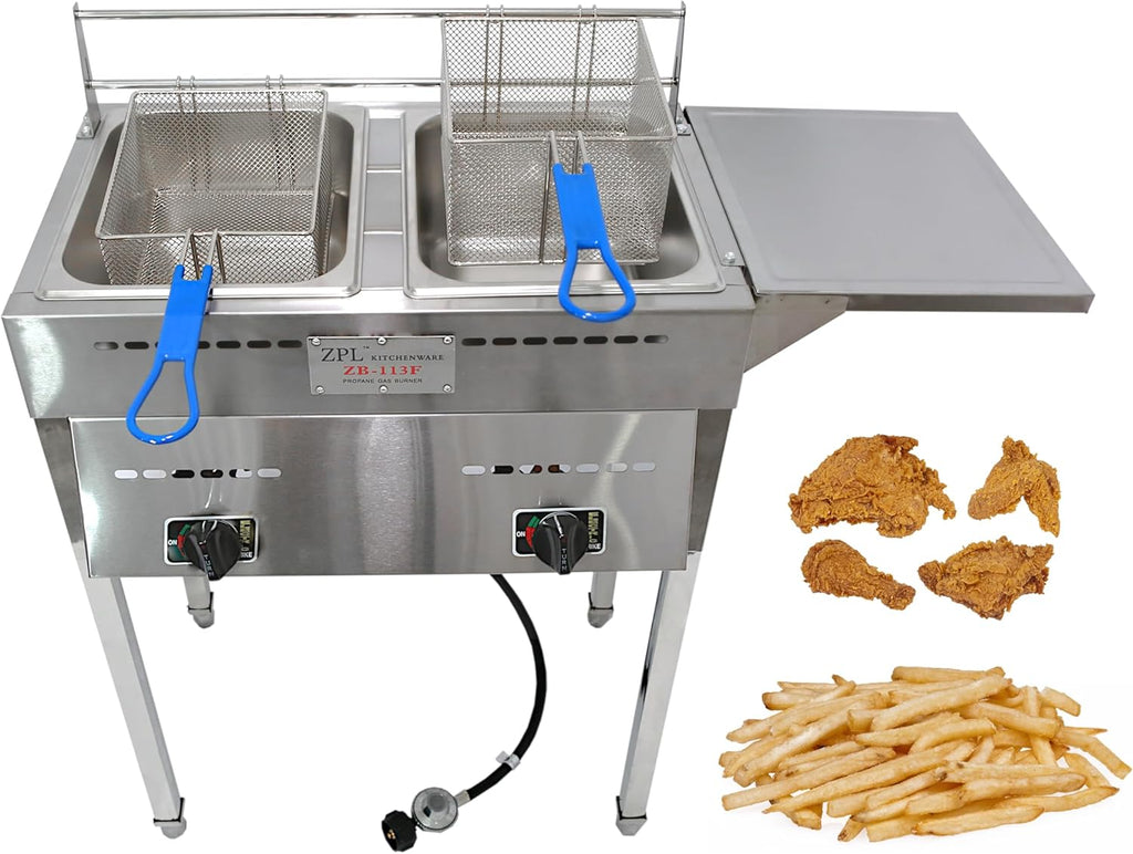 Deep Fryer C Propane Deep Fryer for Outdoor- 18 Qt Stainless Steel Commercial Quality Double Fryer with Baskets, Lids & Hose - Ideal for Frying Fish
