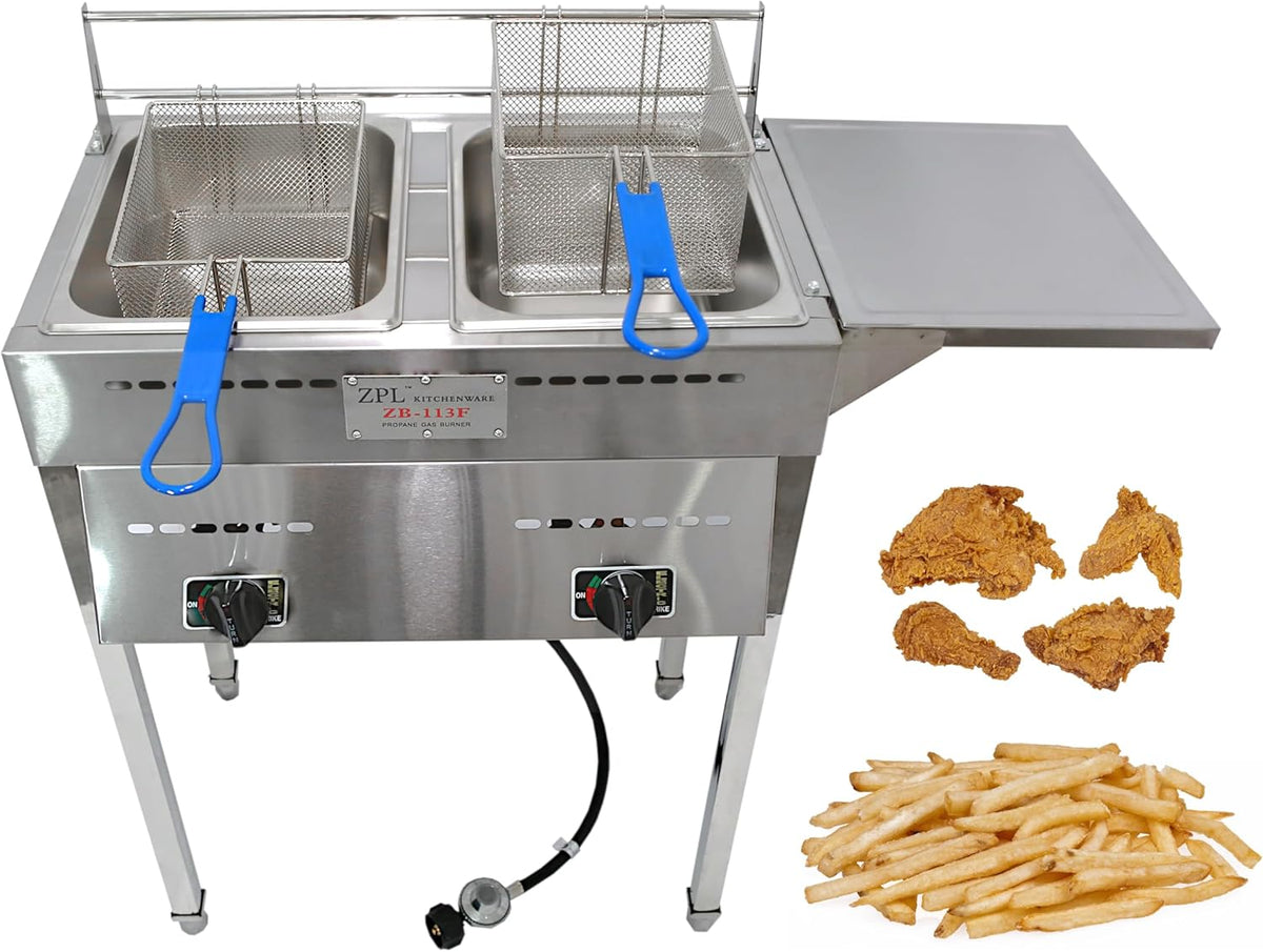 Deep Fryer C Propane Deep Fryer for Outdoor- 18 Qt Stainless Steel Commercial Quality Double Fryer with Baskets, Lids & Hose - Ideal for Frying Fish
