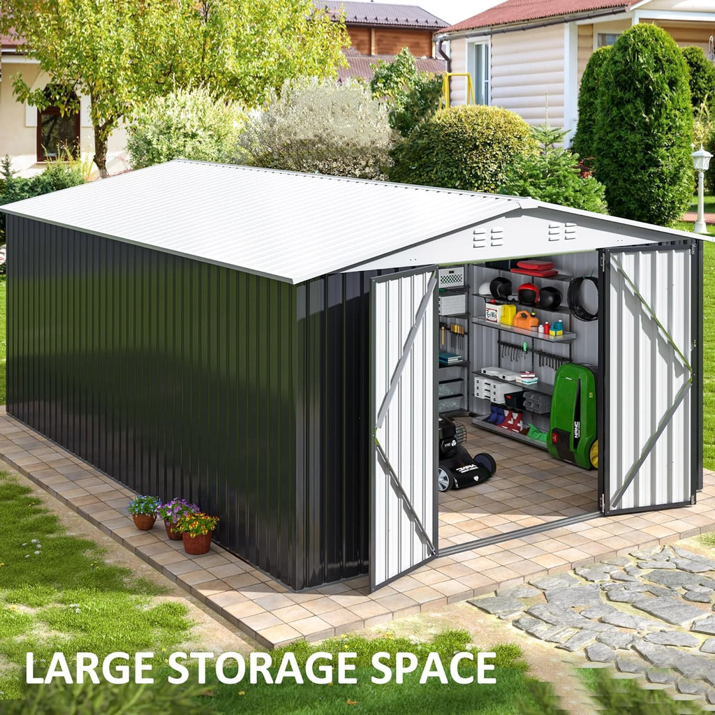 Polar Aurora 12x14 FT Outdoor Storage Shed, Garden Shed with Updated Frame Structure and Lockable Doors, Metal Tool Sheds for Backyard Garden Patio