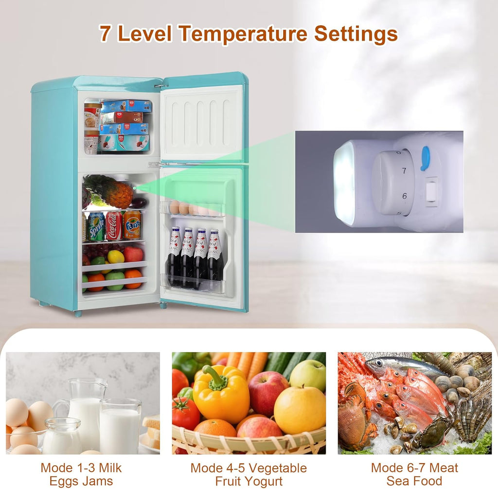 Retro Mini Fridge with Freezer 4.0 Cu. Ft, Small Refrigerator with 7 Level Adjustable Thermostat, Compact Classic Dual Door Fridge Removable Glass