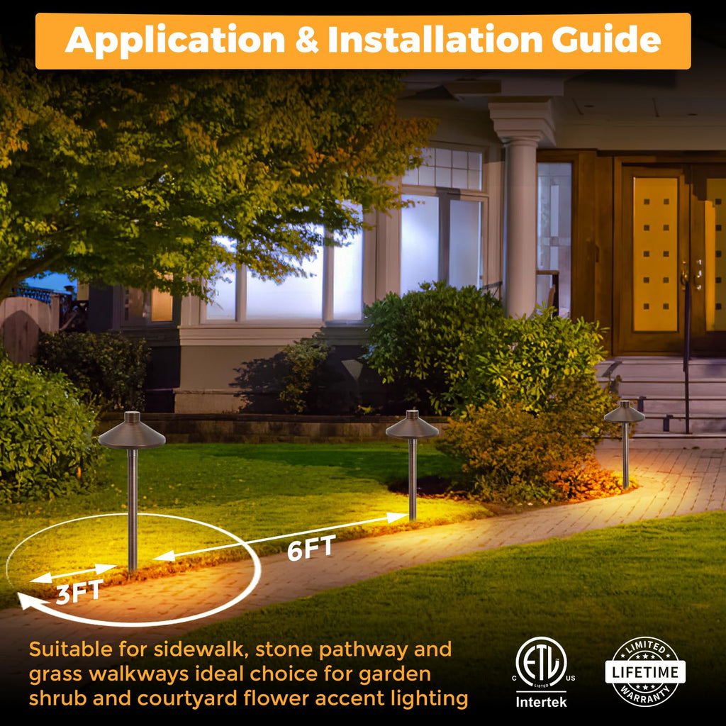Gardencoin Solid Brass Low Voltage Pathway Lights (6.7'' Shade, 21.9'' Tall), 12V AC/DC Heavy Duty LED Landscape Path Lights Outdoor Wired, Antique