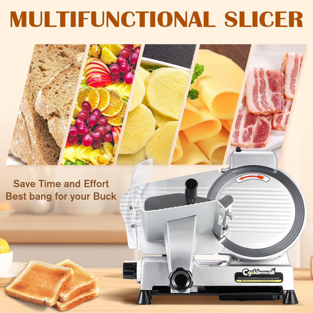 CGOLDENWALL Meat Slicer Machine, 10" 240W Electric Deli Meat Cheese Food Slicer, 0-1/2" Adjustable Thickness Semi-Auto Frozen Meat Slicer for Home &