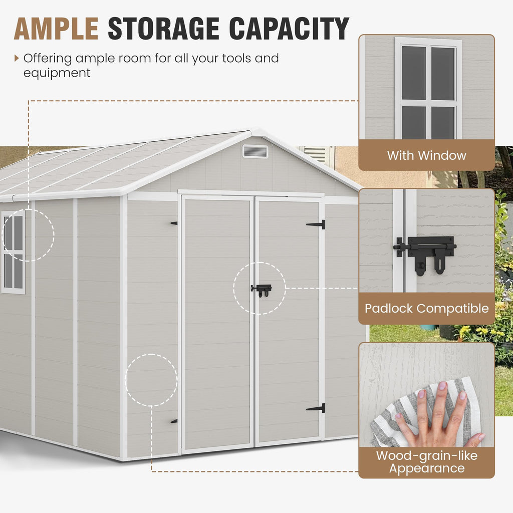 Amopatio 10x8 FT Storage Shed, Resin Shed with Floor Included, Plastic Sheds Outdoor Storage for Bike, Garden Tools, Sheds & Outdoor Storage with