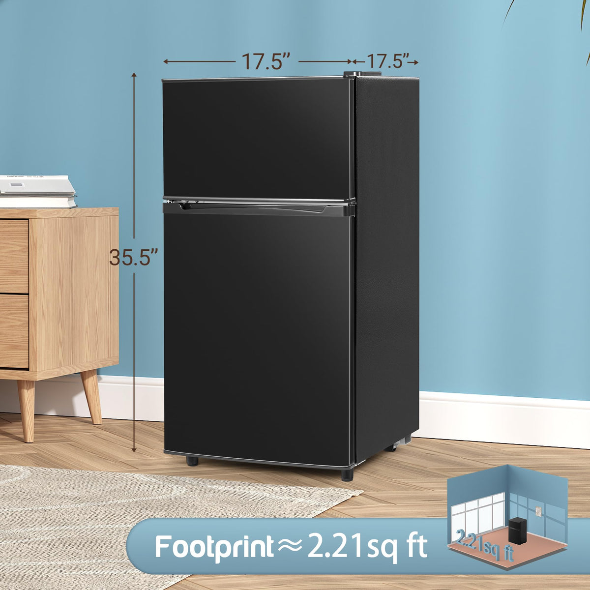 Double Door Refrigerator with Freezer, 3.5 Cu.Ft, Small Fridge with Freezer, 7 Settings Temperature Adjustable, Mini Refrigerator for Office Dorm