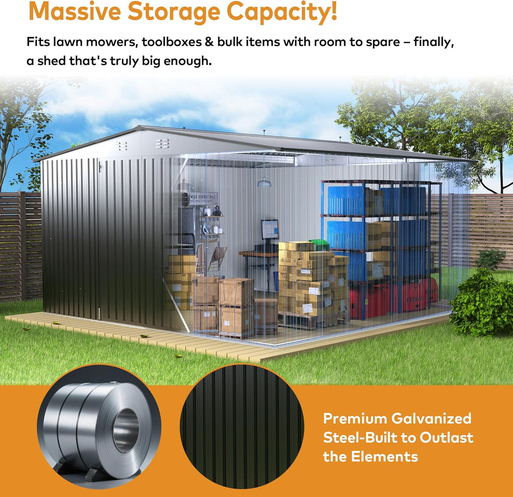 14 x 12FT Outdoor Storage Shed, Metal Waterproof Storage Shed Steel Utility Garden Tool Shed with Door & Lock Outdoor Storage,All-Weather Shelter for