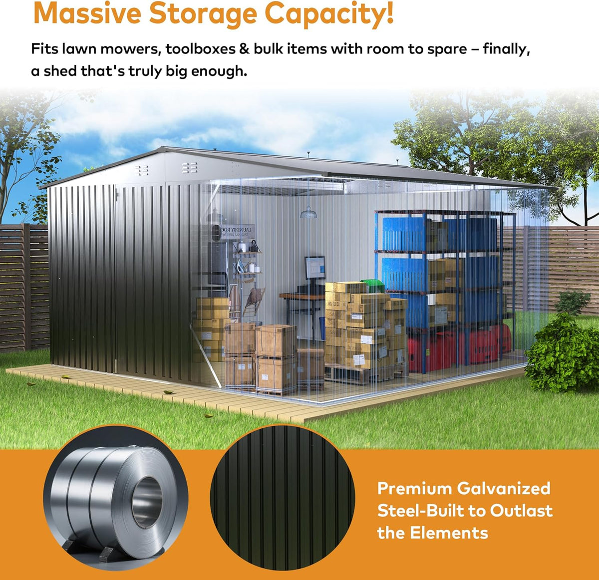 14 x 12FT Outdoor Storage Shed, Metal Waterproof Storage Shed Steel Utility Garden Tool Shed with Door & Lock Outdoor Storage,All-Weather Shelter for