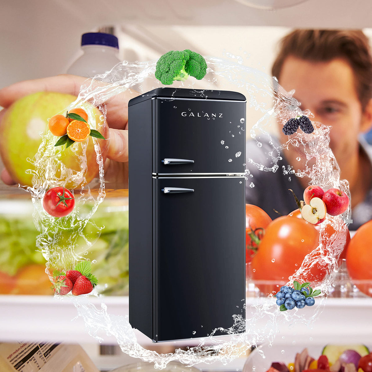Galanz GLR25MBKR10 Retro Compact Refrigerator, Mini Fridge with Single Doors, Adjustable Mechanical Thermostat with Chiller, Black, 2.5 cu ft