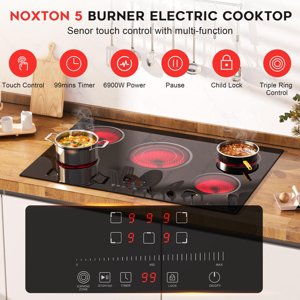 Noxton 30 Inch Electric Cooktop, 8400W 5 Burners Built-in Radiant Electric Stove Top, Slider Control, 9 Power Levels, Child Safety Lock, Timer, 220