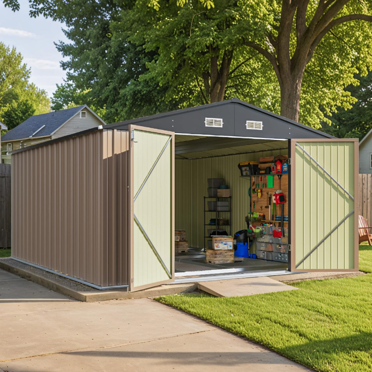 Patiowell 10 x 12 FT Metal Storage Shed for Outdoor, Steel Yard Shed with Design of Lockable Doors, Utility and Tool Storage for Garden, Backyard