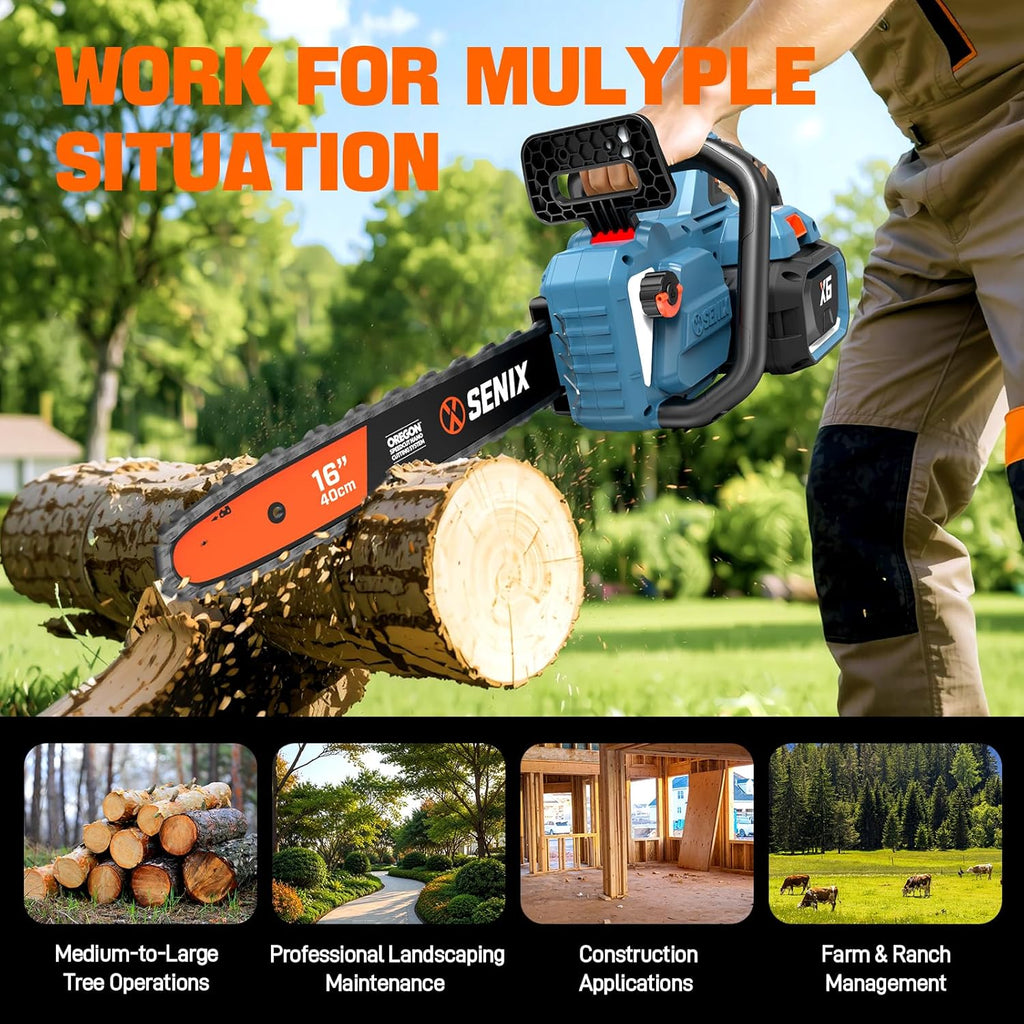 SENIX Chainsaw|60V 16" Battery Chainsaw|Brushless Electric Chainsaws|Cordless Chain Saw with 4Ah Battery & Charger|Garden Tool for Trees, Pruning