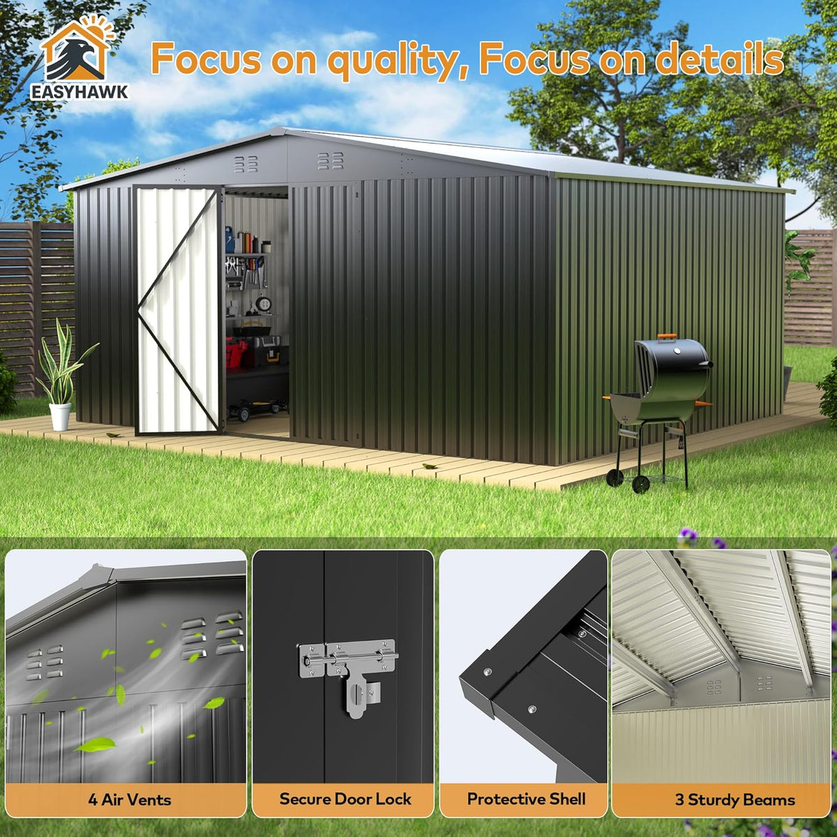 14 x 12FT Outdoor Storage Shed, Metal Waterproof Storage Shed Steel Utility Garden Tool Shed with Door & Lock Outdoor Storage,All-Weather Shelter for