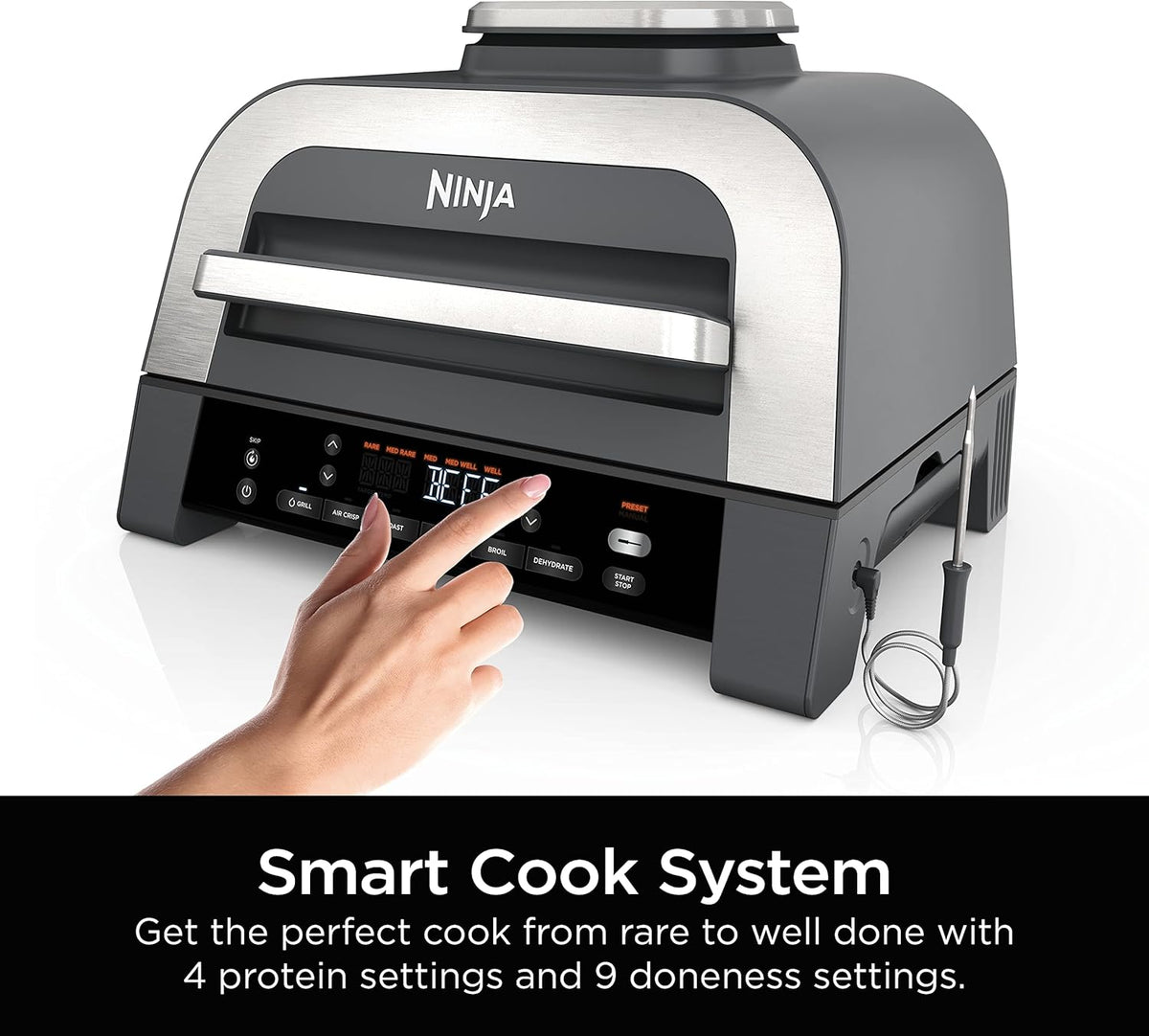 Ninja DG551 Foodi Smart XL 6-in-1 Indoor Grill with Air Fry, Roast, Bake, Broil, & Dehydrate, Foodi Smart Thermometer, 2nd Generation, Black/Silver