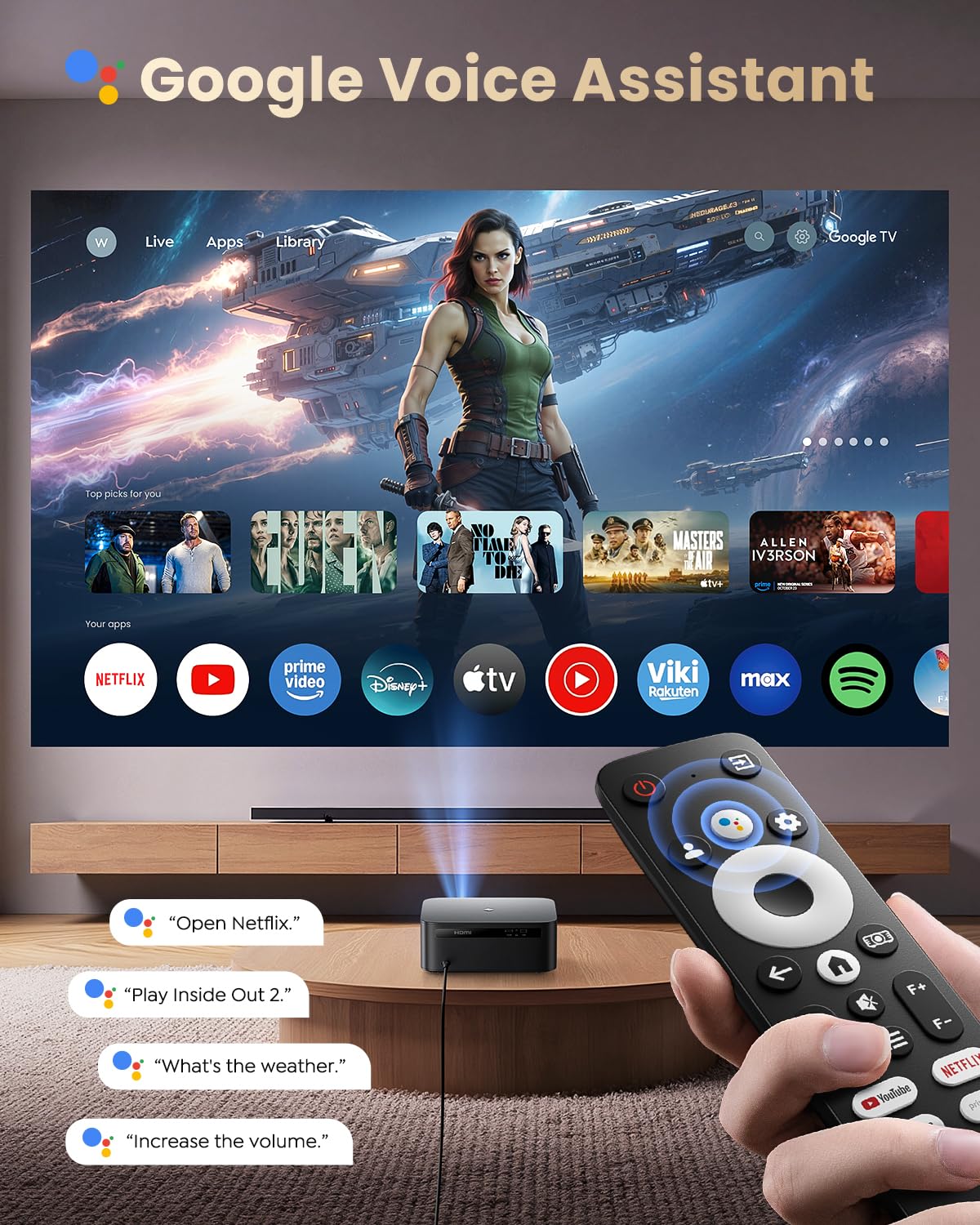 1200 ANSI/Google TV/4K Supported Smart Projector with WiFi & Bluetooth, Outdoor & Home Movie Projectors with Voice Control,Auto Focus & Keystone