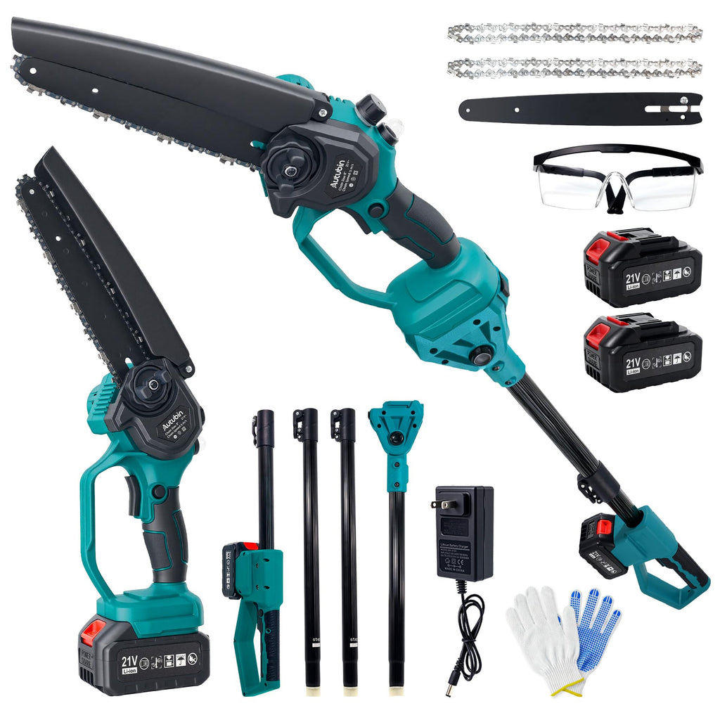 2-in-1 Cordless Pole Saw & 8'' Mini Chainsaw,Forest Ranger Approved Electric Handheld Chain Saw with 2 21V 4.0Ah Rechargeable Batterie&Charger, Auto