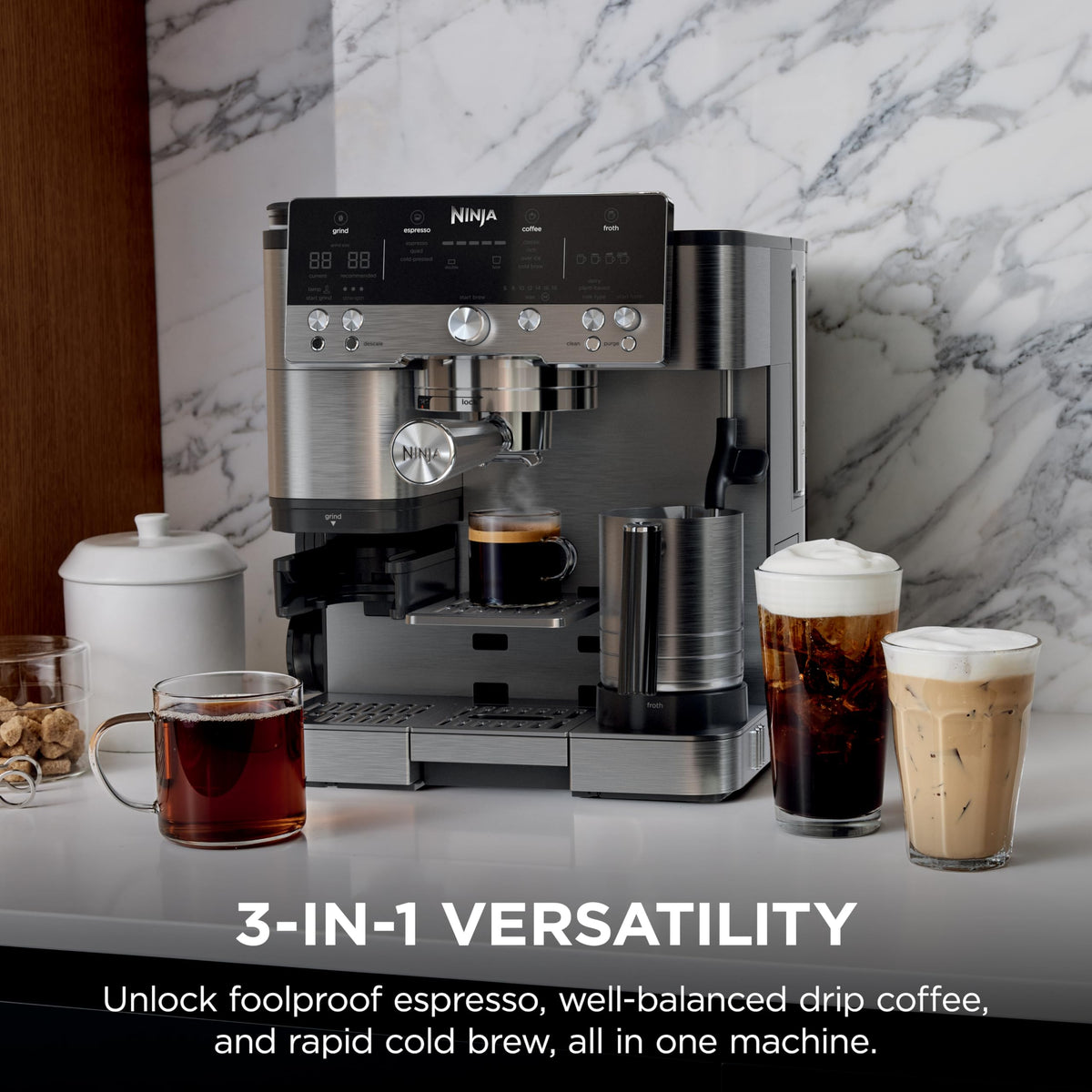 Ninja Luxe Caf 3-in-1 Espresso, Drip Coffee and Cold Brew Machine | Intergrated Coffee Grinder, Milk Frother, Assisted Tamper & Built-In Espresso