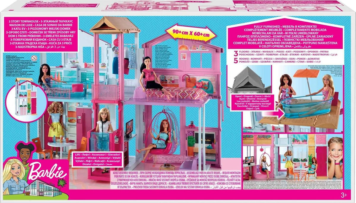 Barbie 3-Story Townhouse Dollhouse with Elevator, Swing Chair, Furniture and Accessories, Fold for Portability and Travel (Amazon Exclusive)