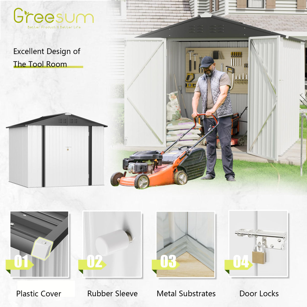 Greesum Outdoor Storage Shed 6 x 8 ft. Utility Tool Shed Metal Storage Garden Shed with Door & Lock for Patio Storage, Brown