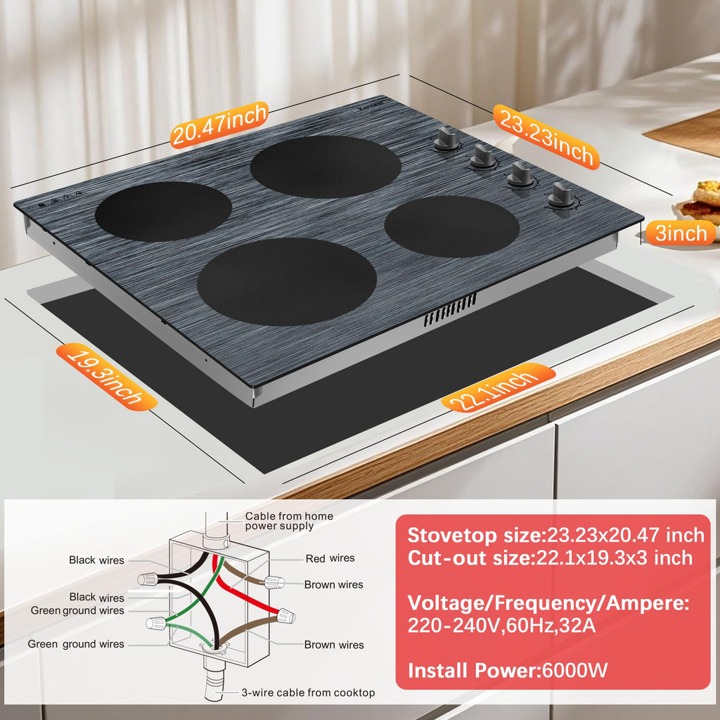 Karinear Electric Cooktop 24 Inch, 4 Burners Electric Stove Knob Control, Built-in Ceramic Cooktop with Beautiful Woodgrain Pattern Glass Surface