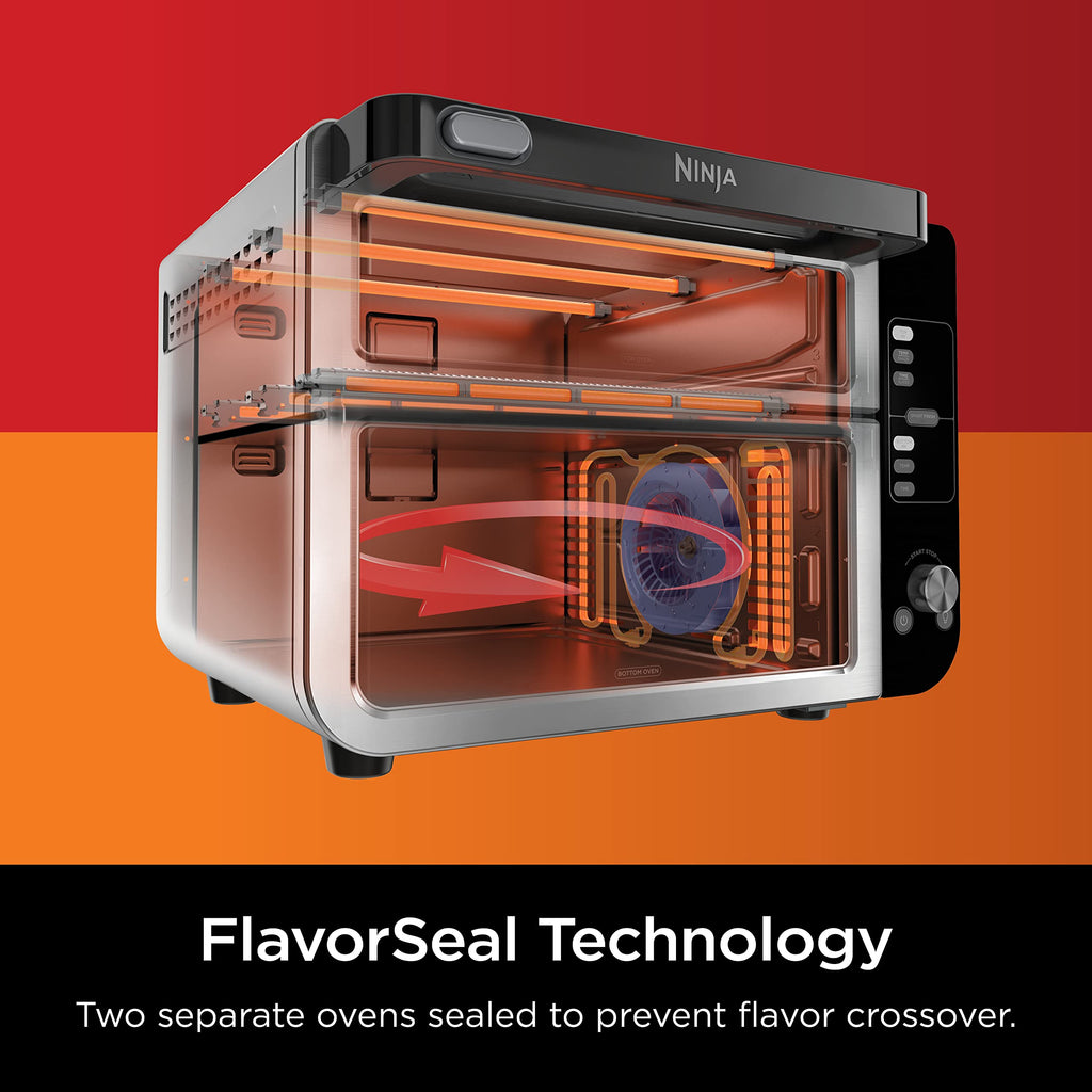 Ninja DCT451 12-in-1 Smart Double Oven with FlexDoor, Thermometer, FlavorSeal, Smart Finish, Rapid Top Convection and Air Fry Bottom , Stainless Steel