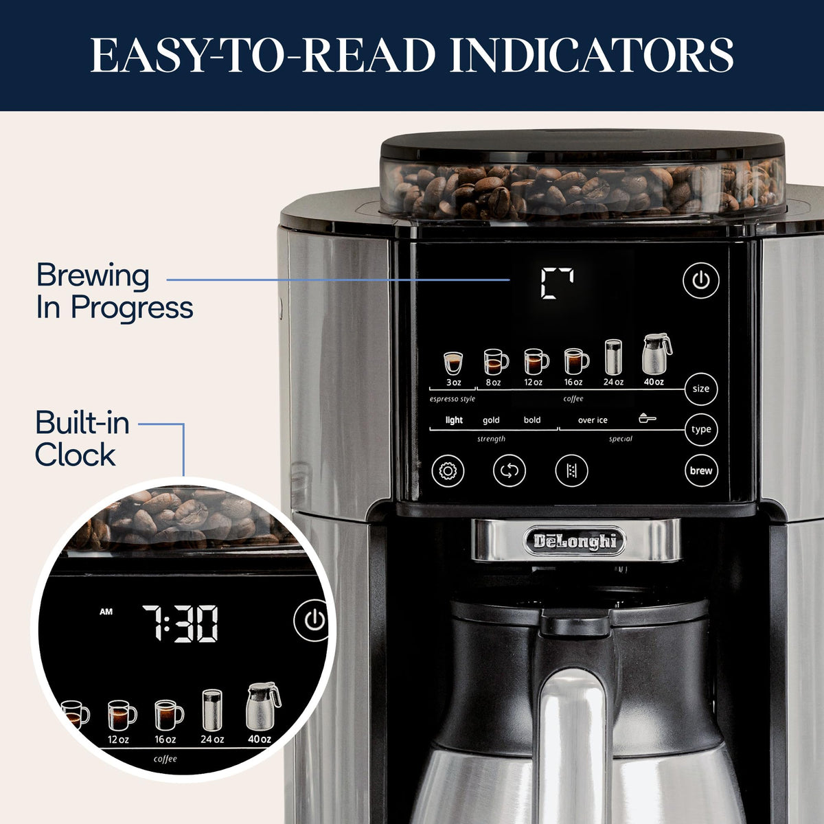 De'Longhi True Brew Drip Coffee Maker, Built in Grinder, Single Serve, 8 oz to 24 oz, Hot or Iced Coffee, Stainless, CAM51025MB