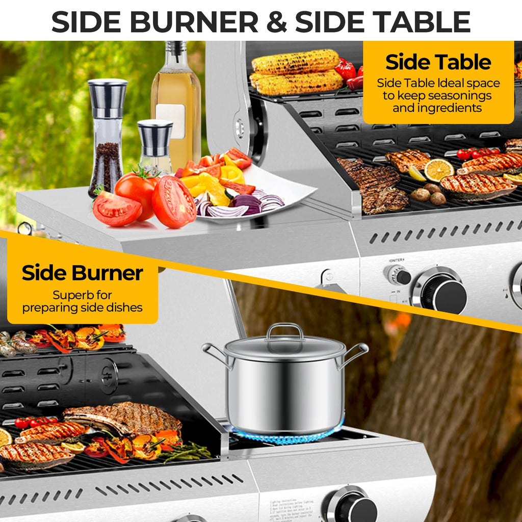 3-Burner Propane Gas Grill with Side Burner C 34,000 BTU Stainless Steel Outdoor BBQ Grill, Cast Iron Grates, Portable with Wheels for Patio, Camping