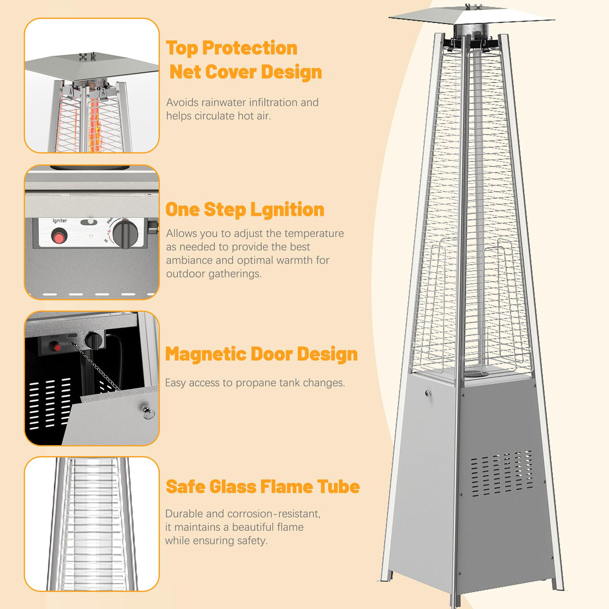 FOOWIN Propane Patio Heater, 48,000 BTU Outdoor Patio Heater with Wheels/Waterproof Cover & Gloves,Quartz Glass Tube Pyramid Outdoor Heater for Party