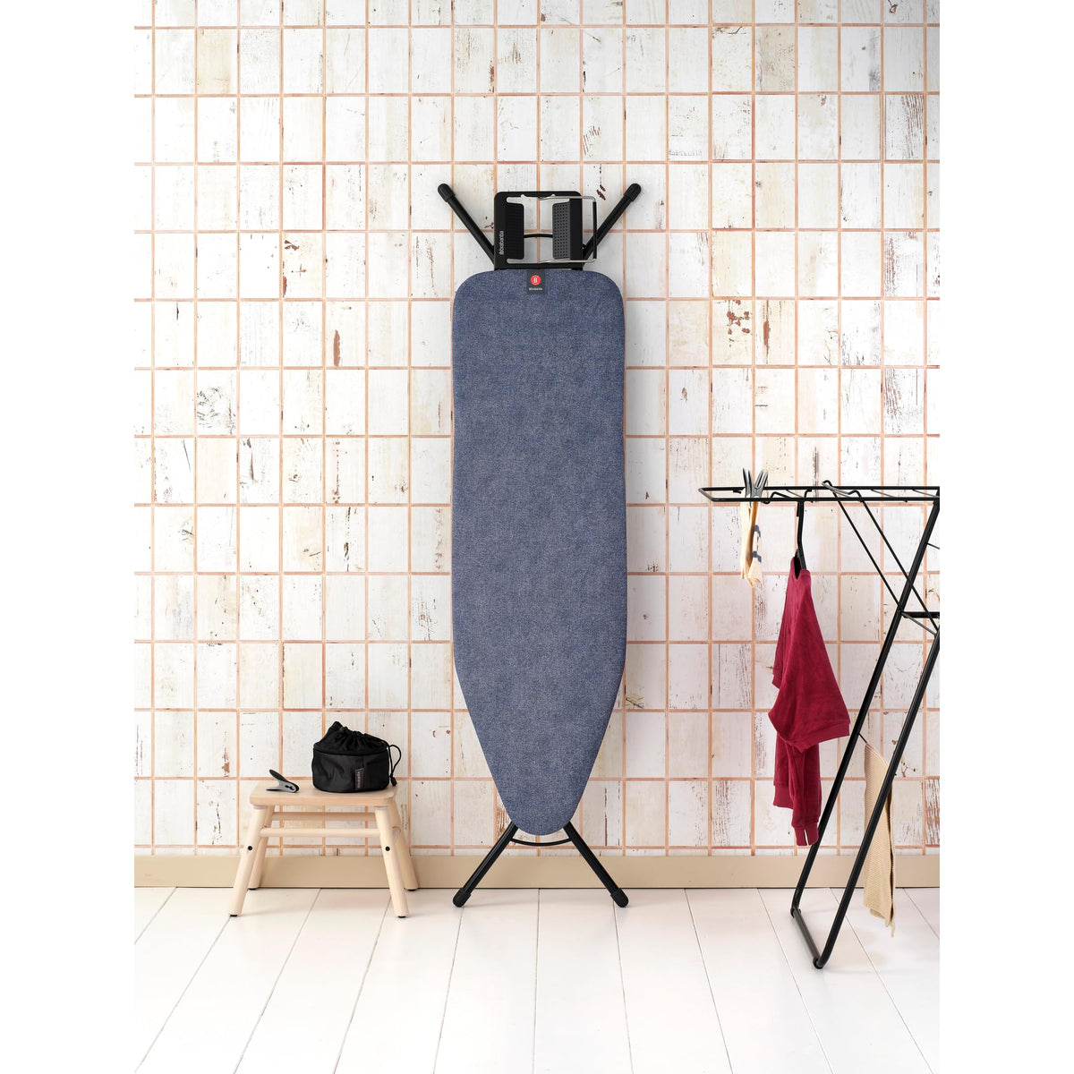 Brabantia Size C Ironing Board (49 x 18in) 7 Height Options, Adjustable Steam Iron Rest Holder & Linen Rack (Ecru) Non-Slip Feet, Anti-Collapse Child