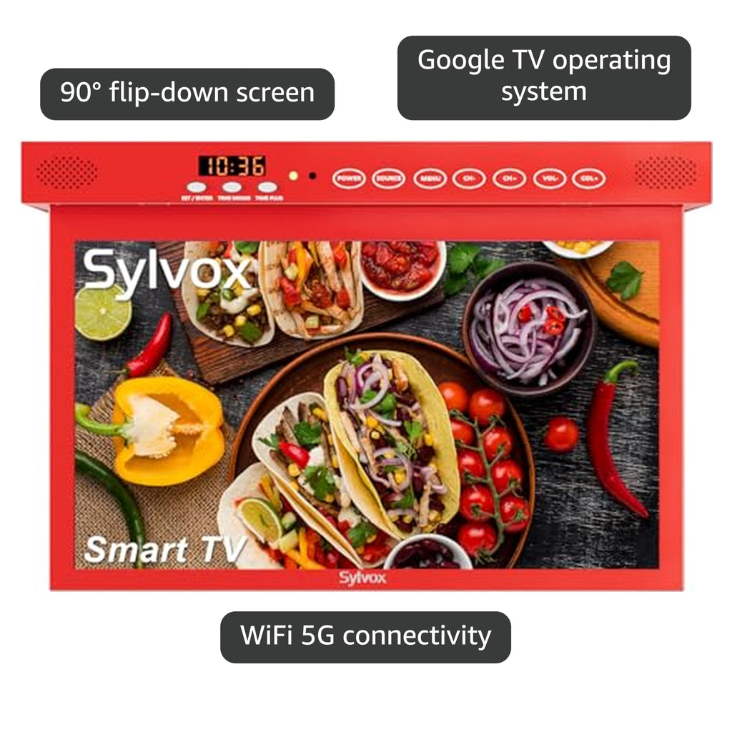 SYLVOX 15.6" Under Cabinet Smart TV C 360 Rotation, 90 Flip-Down Screen, Wireless Connectivity, Space-Saving Design for Kitchen, Bedroom, or RV.