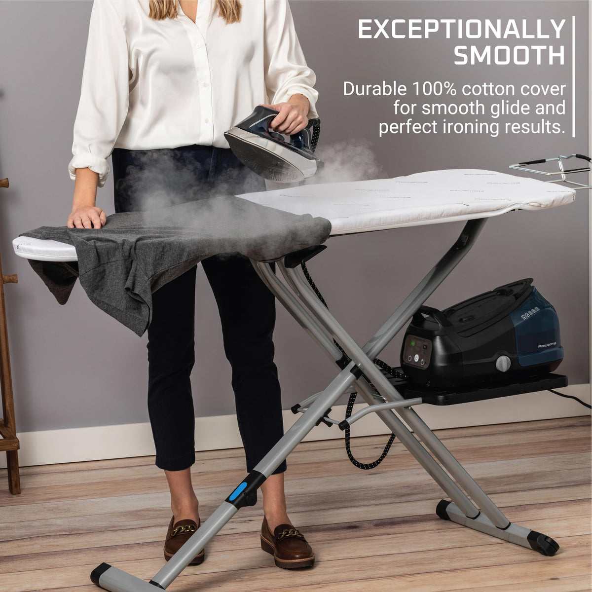 Rowenta Pro Compact Ironing Board with Hanger Rack 18 x 54 Inches Space Saving, Folding, 4 Legs IB9100,Beige
