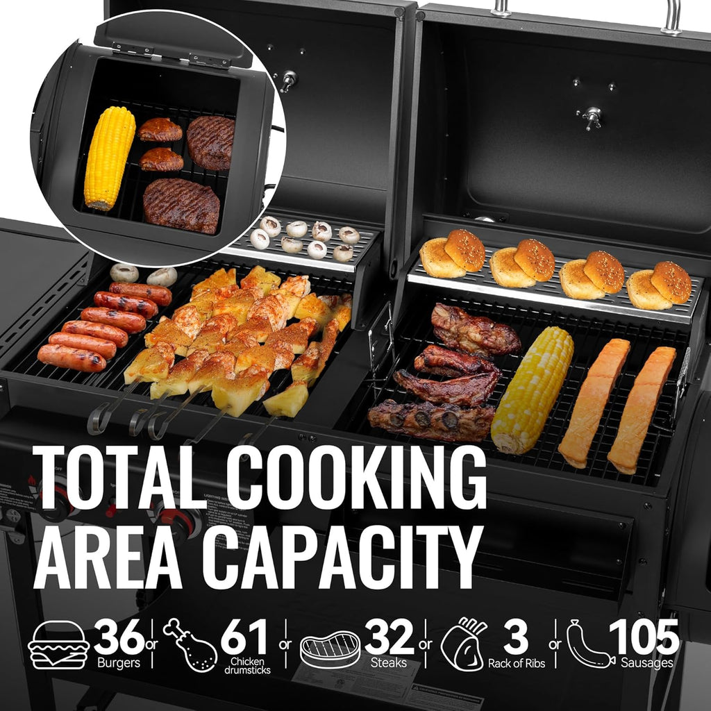 2-Burner Gas and Charcoal Combo Grill with Offset Smoker & Side Burner, 34,000 BTU Dual Fuel Grill, 1020 Sq. In. Cooking Area, Ideal for Outdoor