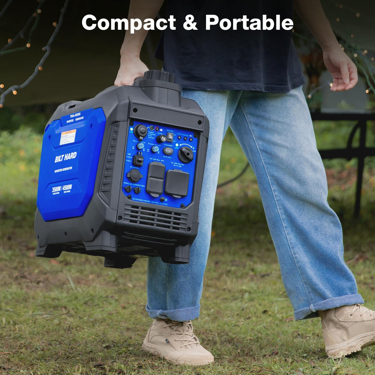 BILT HARD Gas Generator 2500W, 80cc 4 Stroke Quiet Inverter Generator with CO Sensor, Parallel Ready,120V AC Duplex Receptacle and 12V DC Output