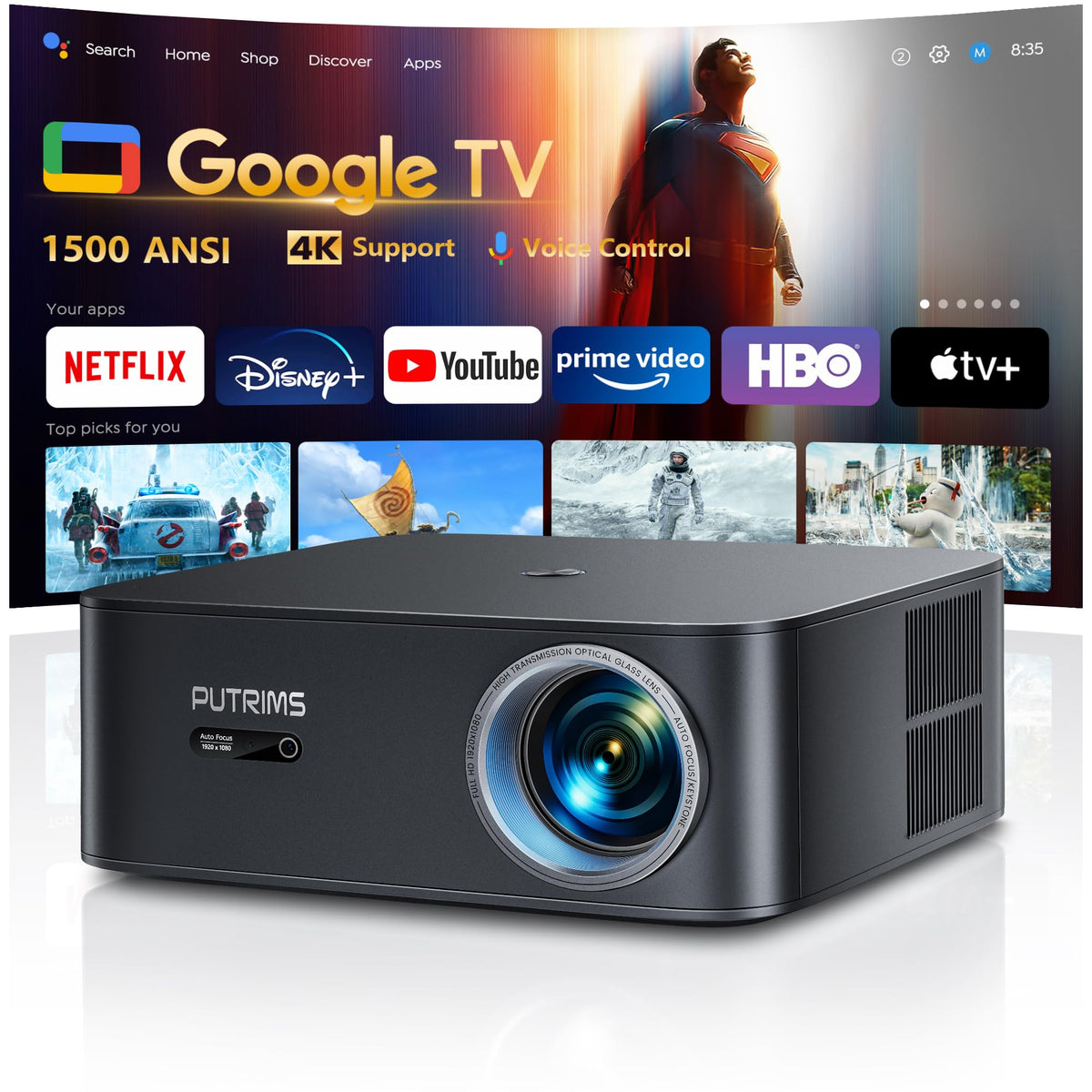 [1500 ANSI/Google TV/Voice Control]Smart Projector with WiFi 6 and Bluetooth, 4K Support, Outdoor Movie Proyector, 1080P Home Ceiling Auto Focus