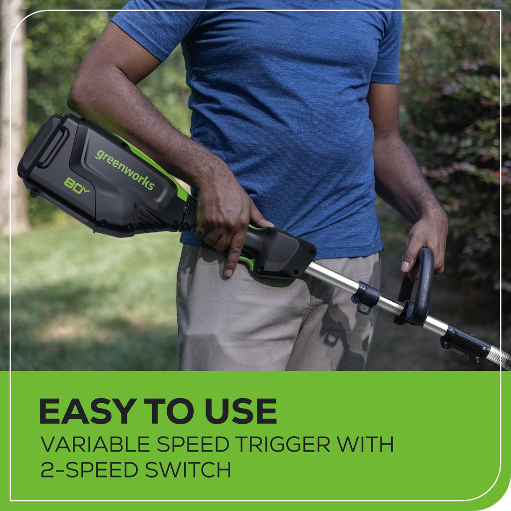 Greenworks 80V Brushless Cordless Yard Tool Combo Kit with 2.0Ah Battery & Rapid Charger C 16" Dual-Line String Trimmer and 500 CFM / 125 MPH Leaf