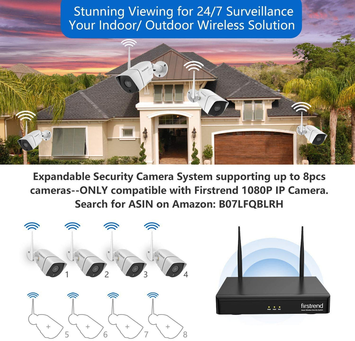 Security Camera System Wireless,Firstrend 1080P 8CH Wireless Home Security Systems with 4 pcs 2MP Full HD Cameras 1TB HDD Night Vision Motion