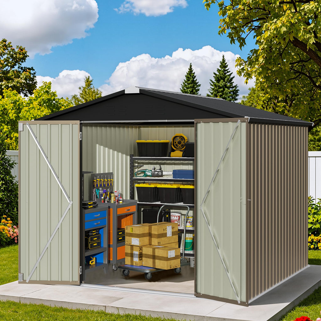 Patiowell 8x8 FT Outdoor Storage Shed, Heavy Duty Tool Metal Sheds with Lockable Doors and Updated Frame Structure for Backyard Patio Lawn, Black