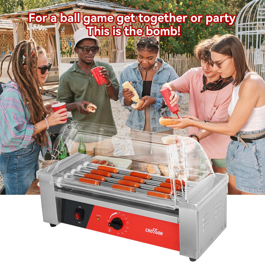 CROSSON 12 Hot Dog 5 Roller Grill Machine with Transparent Sneeze Guard,5 Nonstick 304SS Rollers Commercial Hot Dog Cooker Machine-120V, 750W