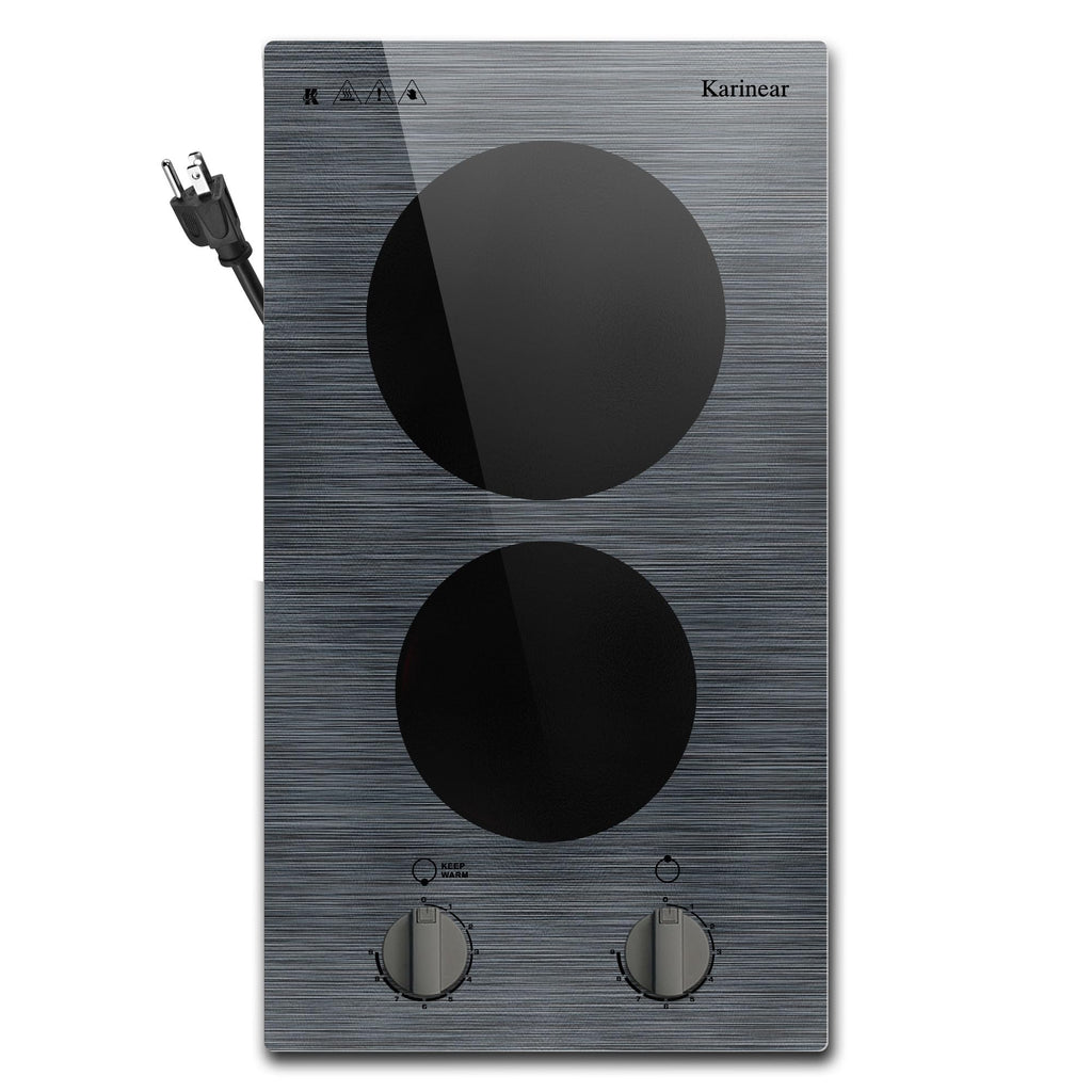 Karinear Electric Cooktop 24 Inch, 4 Burners Electric Stove Knob Control, Built-in Ceramic Cooktop with Beautiful Woodgrain Pattern Glass Surface