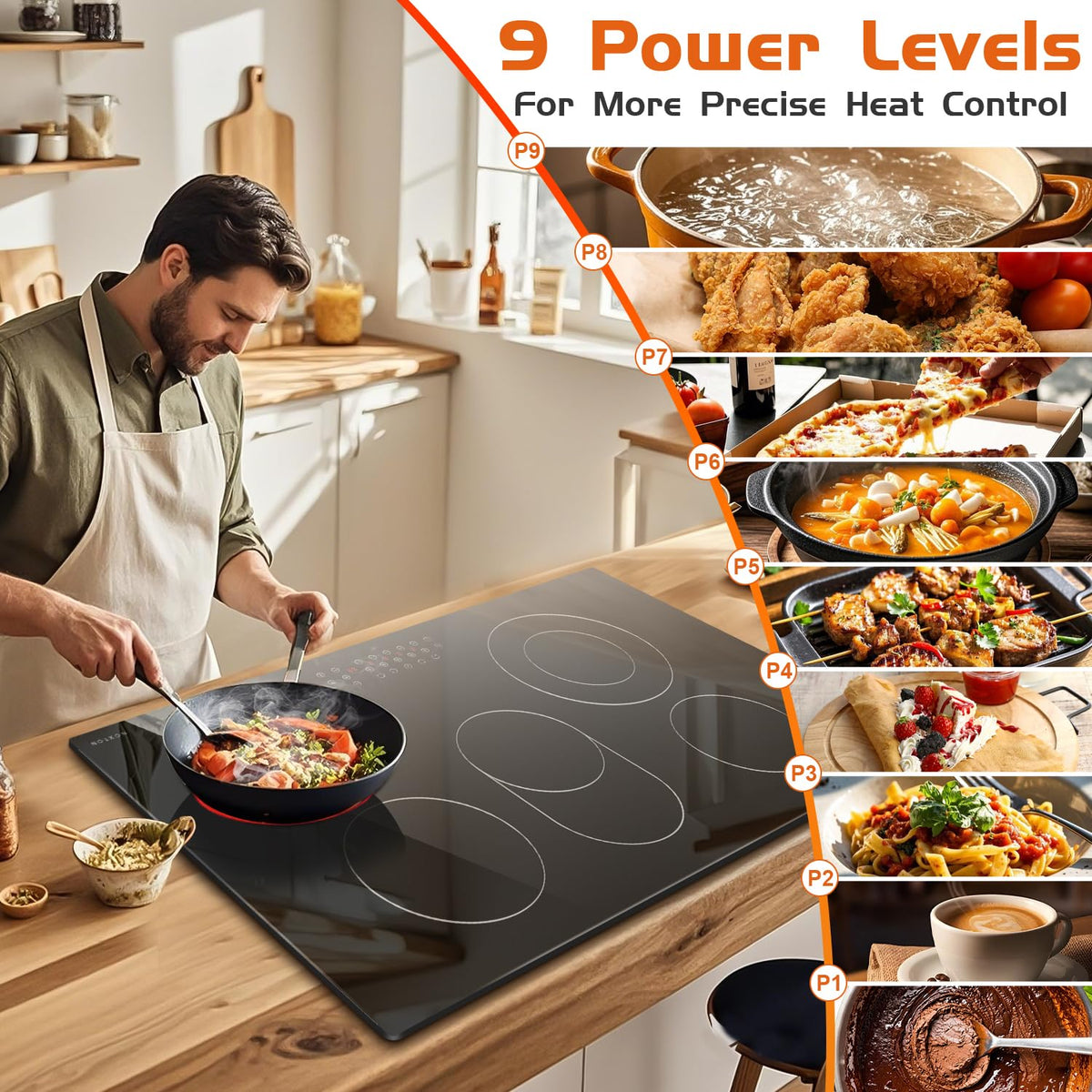 Noxton 30 Inch Electric Cooktop, 8400W 5 Burners Built-in Radiant Electric Stove Top, Slider Control, 9 Power Levels, Child Safety Lock, Timer, 220