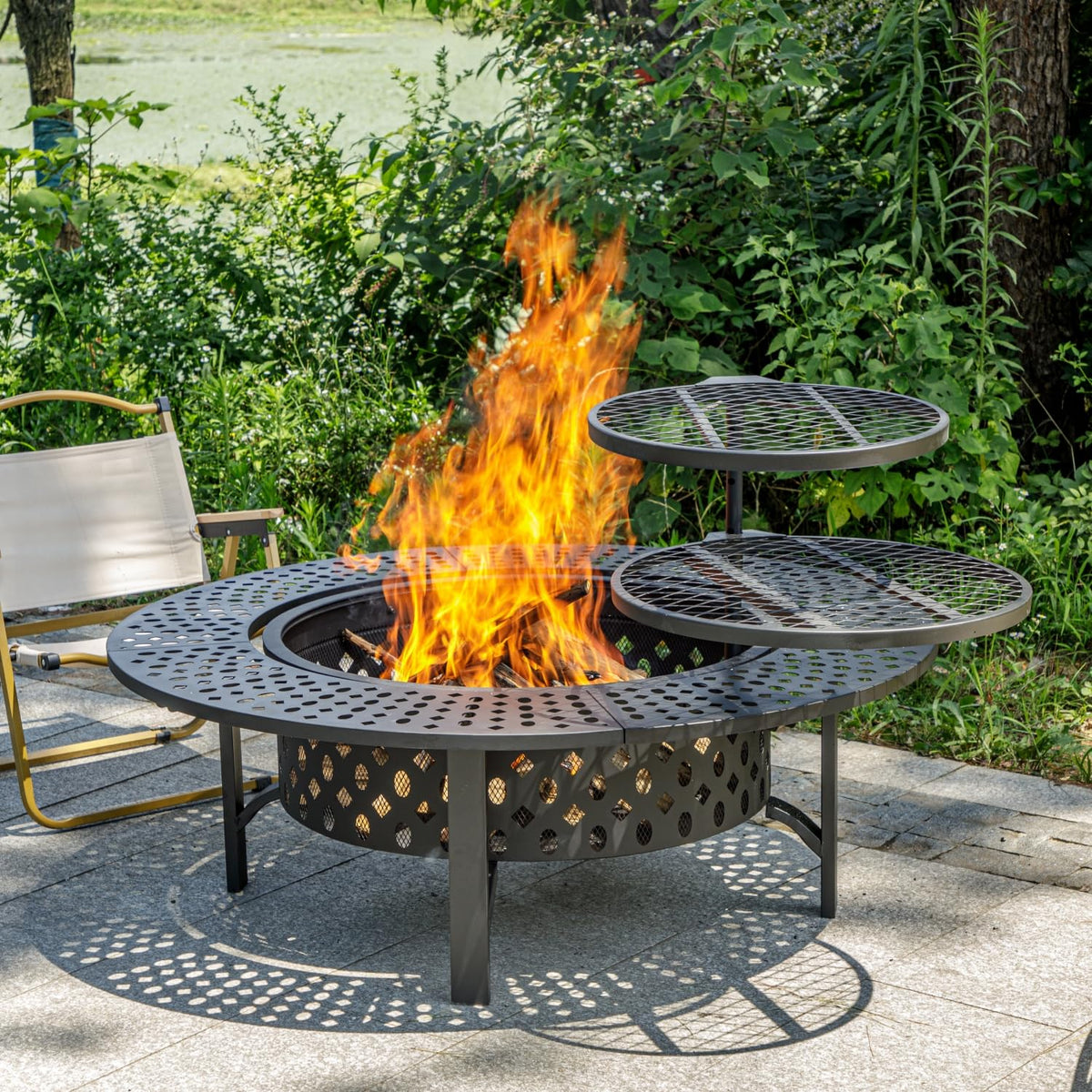 47 Inch Fire Pit with 2 Grills, Wood Burning Fire Pits for Outside with Lid & Poker, BBQ& Outdoor Firepit & Round Metal Table 3 in 1 for Patio