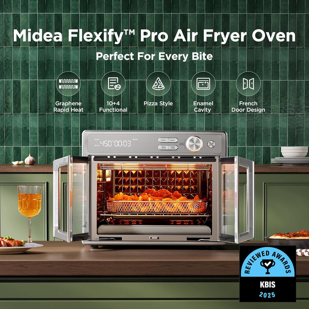 Midea Flexify Pro 10+4 Toaster Oven Air Fryer Combo, Graphene Juicy-Lock Cooking, French Door Countertop Oven, 450F Flash Air Fry, 26.4 QT Stainless