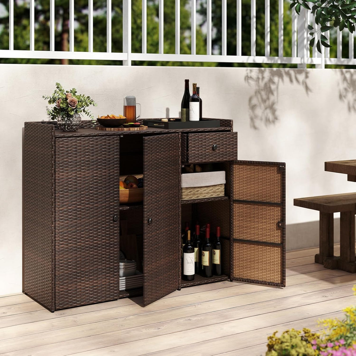 Tangkula Rattan Outdoor Storage Cabinet, Patiojoy Outdoor Cabinet with 4 Adjustable Shelves, 1 Drawer, 3 Doors, Patio Storage Deck Box Table for