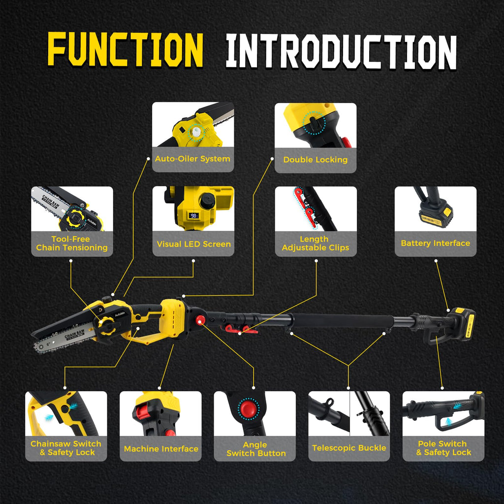 2-in-1 Cordless Pole Saw & 8'' Mini Chainsaw,Forest Ranger Approved Electric Handheld Chain Saw with 2 21V 4.0Ah Rechargeable Batterie&Charger, Auto