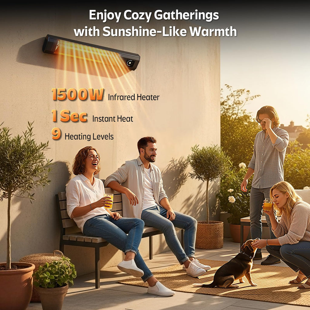 Outdoor Electric Patio Heater, 42-inch 1500W Infrared Tower Heater with 9 Heat Settings & 9H Timer, IPX5 Waterproof, Safety Lock, Tip-Over & Overheat