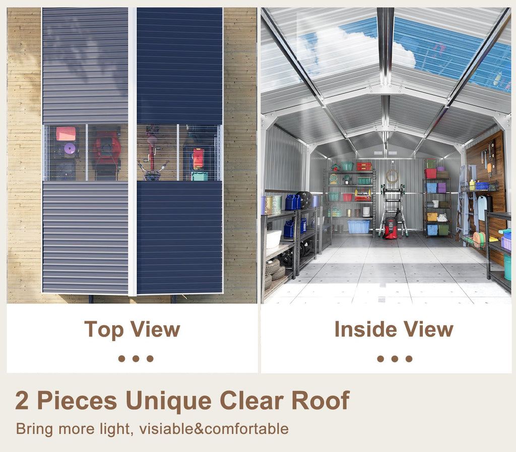 10x12 FT Metal Outdoor Storaged Shed with Floor Base Waterproof Heavy Duty Reinforced Frame with Unique Clear Roof Skyview Windows Air Vent for