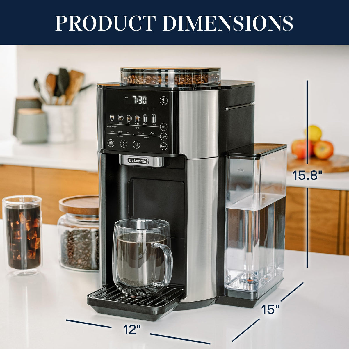 De'Longhi True Brew Drip Coffee Maker, Built in Grinder, Single Serve, 8 oz to 24 oz, Hot or Iced Coffee, Stainless, CAM51025MB