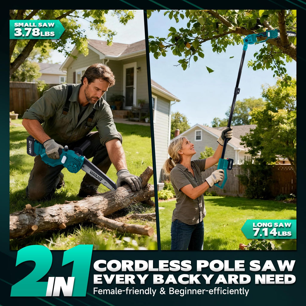2-in-1 Cordless Pole Saw & 8'' Mini Chainsaw,Forest Ranger Approved Electric Handheld Chain Saw with 2 21V 4.0Ah Rechargeable Batterie&Charger, Auto