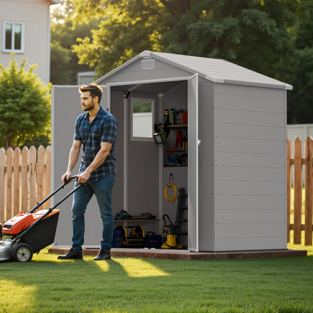 Greesum 6x4FT Plastic Outdoor Storage Shed with Floor, Resin Sheds with Lockable Double Door, All-Weather Tool Sheds with Window and Vents, for